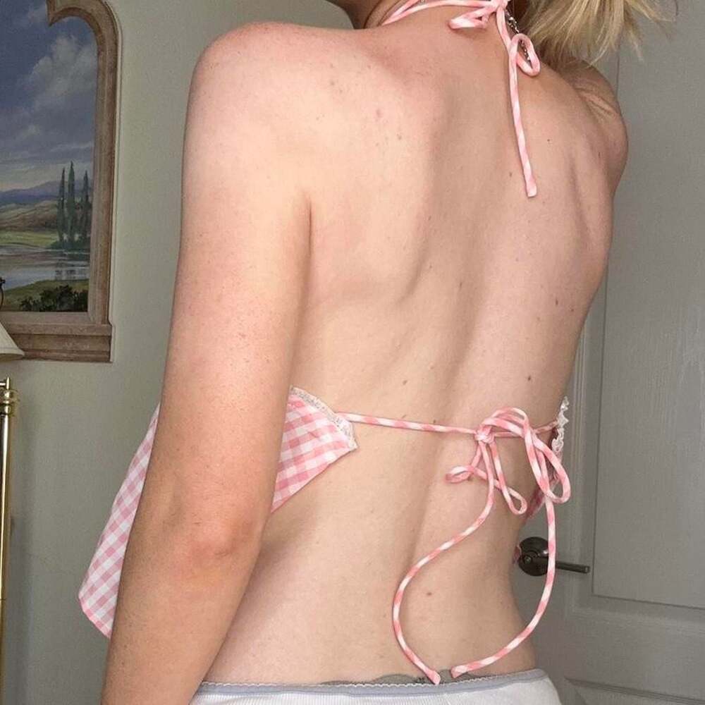 Edikted Pink Gingham Babydoll Halter Crop Top - Picture 5 of 7